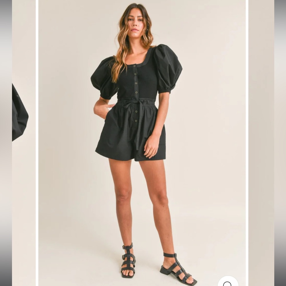 MABLE puff sleeve black romper, tie waist, Georgina, Small - Picture 3 of 9